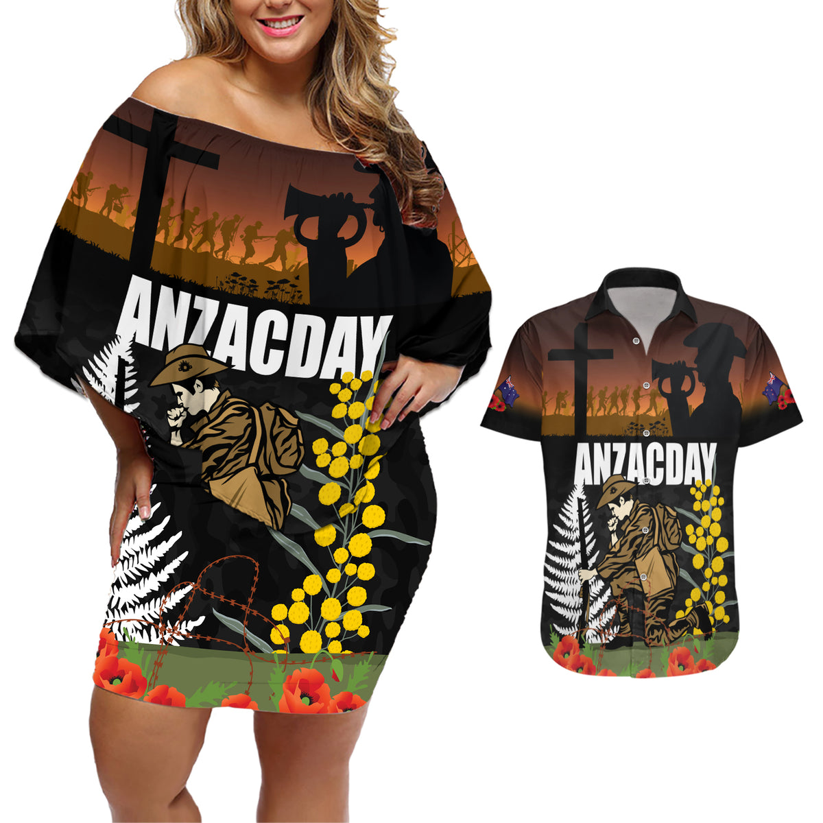 New Zealand and Australia ANZAC Day Couples Matching Off Shoulder Short Dress and Hawaiian Shirt Soldier and Last Post Camouflage Pattern LT03 Black - Polynesian Pride