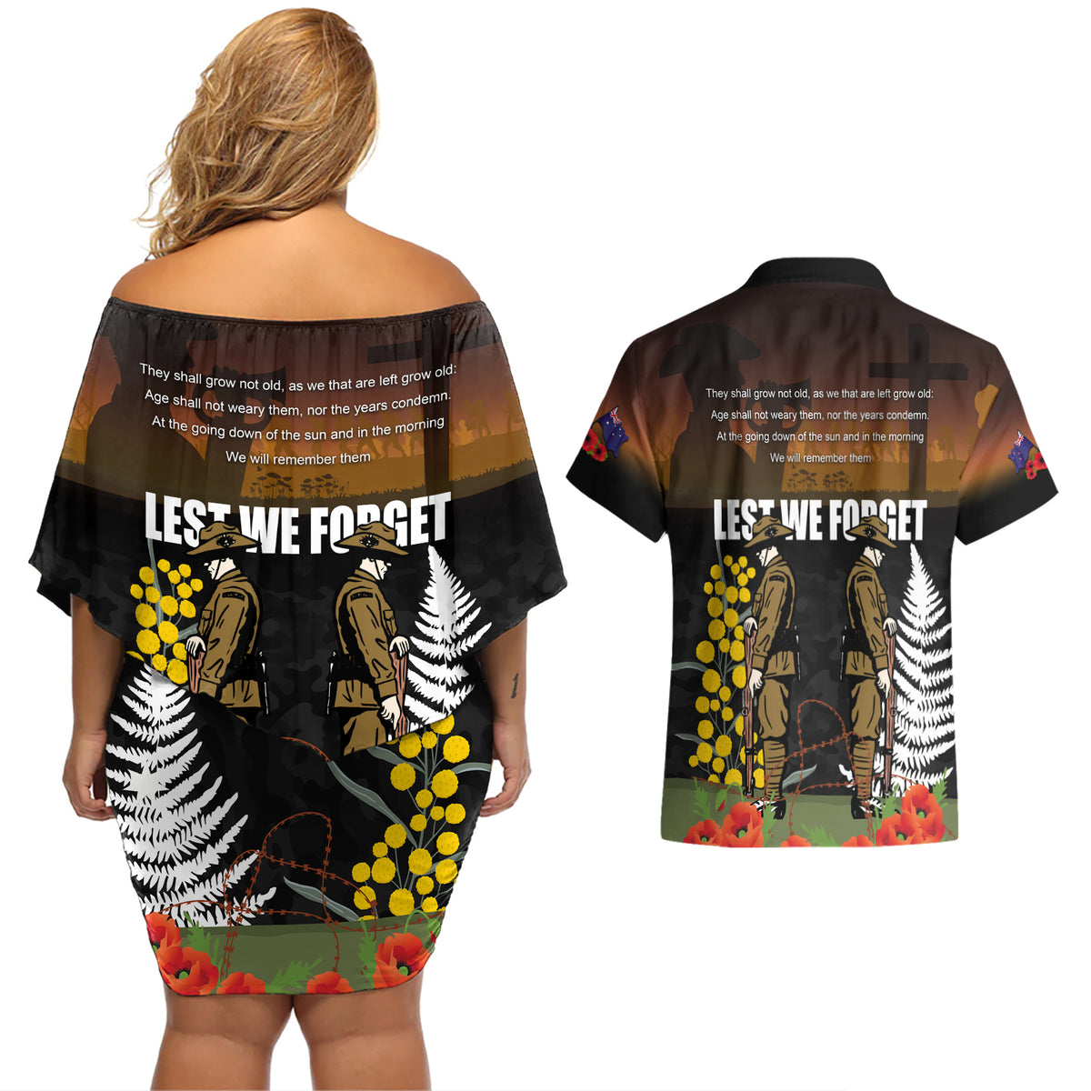 New Zealand and Australia ANZAC Day Couples Matching Off Shoulder Short Dress and Hawaiian Shirt Soldier and Last Post Camouflage Pattern LT03 - Polynesian Pride
