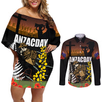 New Zealand and Australia ANZAC Day Couples Matching Off Shoulder Short Dress and Long Sleeve Button Shirt Soldier and Last Post Camouflage Pattern LT03 Black - Polynesian Pride