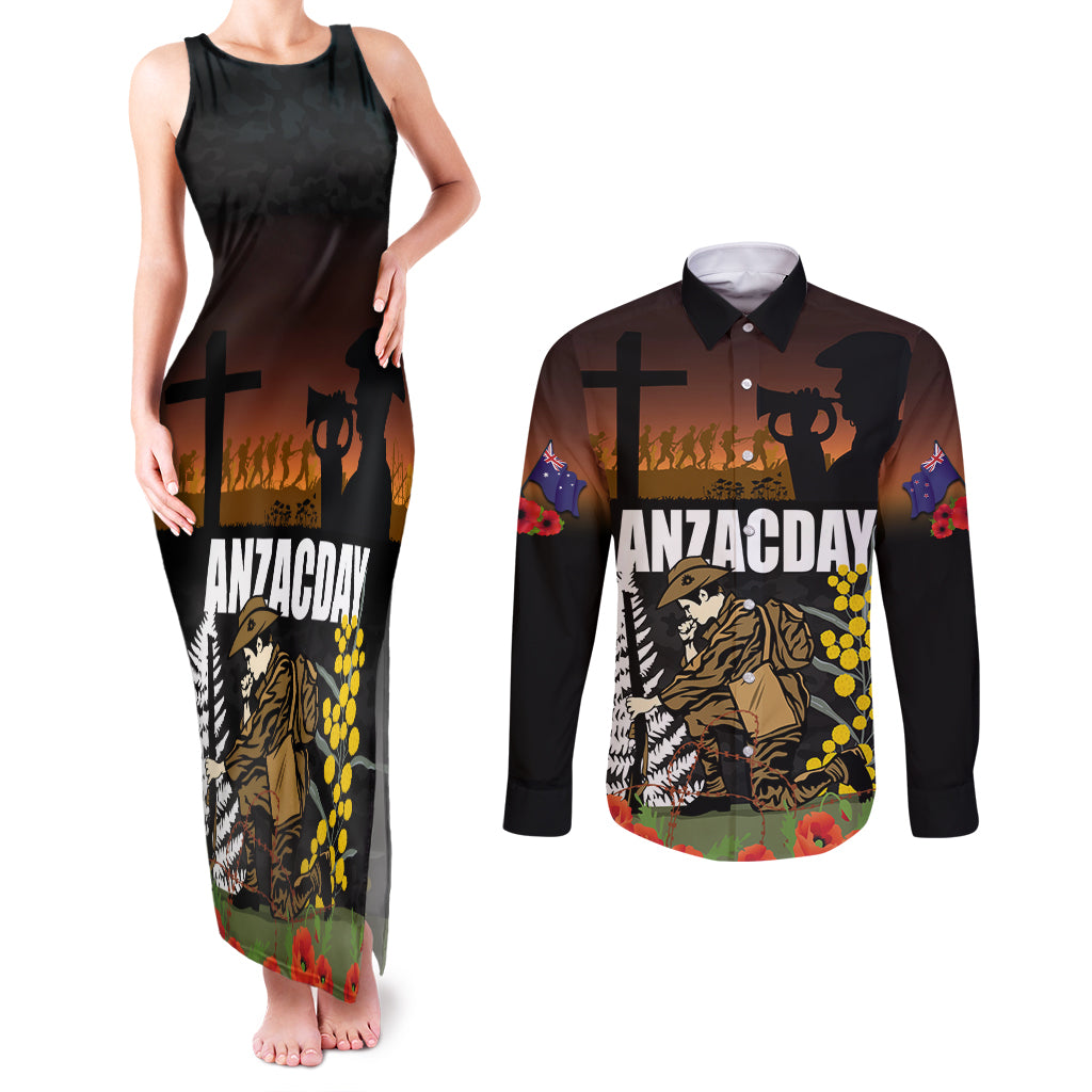 New Zealand and Australia ANZAC Day Couples Matching Tank Maxi Dress and Long Sleeve Button Shirt Soldier and Last Post Camouflage Pattern LT03 Black - Polynesian Pride