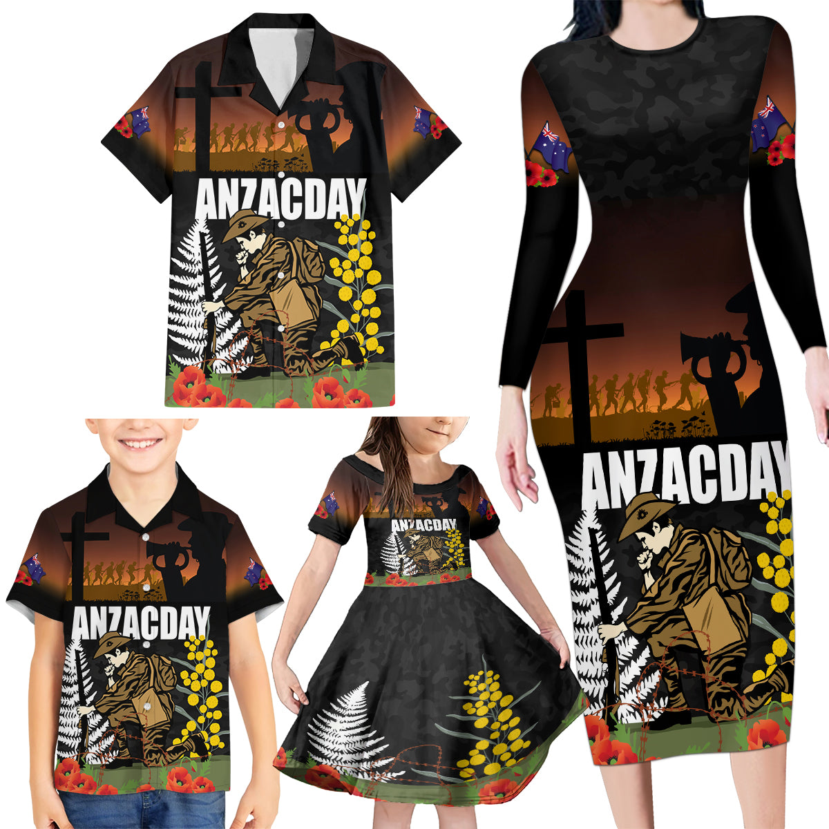 New Zealand and Australia ANZAC Day Family Matching Long Sleeve Bodycon Dress and Hawaiian Shirt Soldier and Last Post Camouflage Pattern LT03 - Polynesian Pride