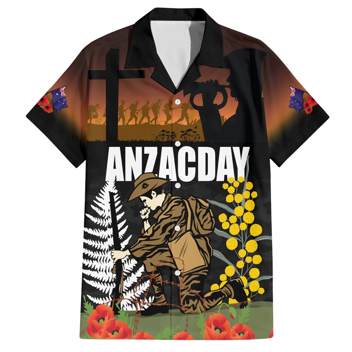 New Zealand and Australia ANZAC Day Family Matching Off Shoulder Maxi Dress and Hawaiian Shirt Soldier and Last Post Camouflage Pattern LT03 Dad's Shirt - Short Sleeve Black - Polynesian Pride