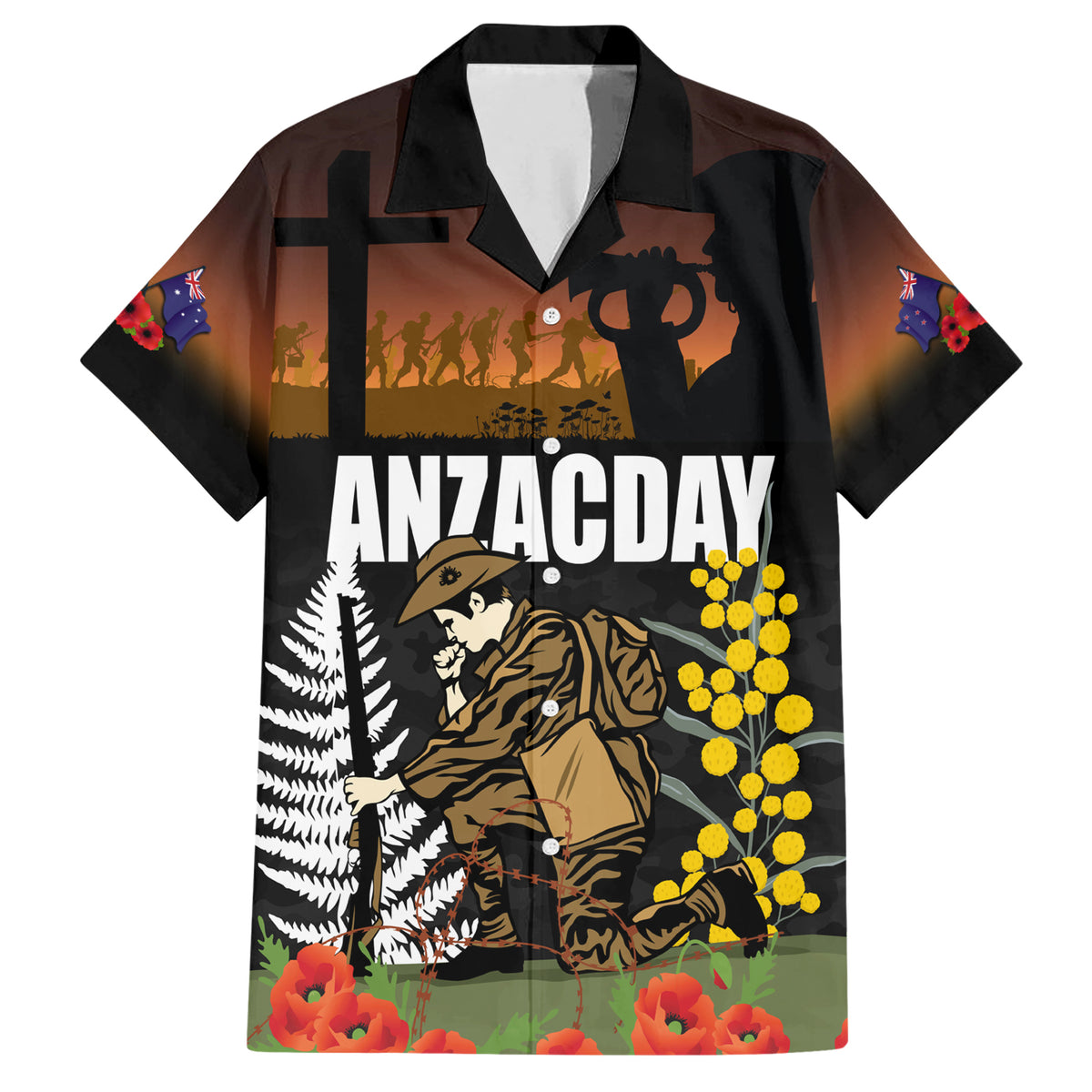 New Zealand and Australia ANZAC Day Family Matching Short Sleeve Bodycon Dress and Hawaiian Shirt Soldier and Last Post Camouflage Pattern LT03 Dad's Shirt - Short Sleeve Black - Polynesian Pride