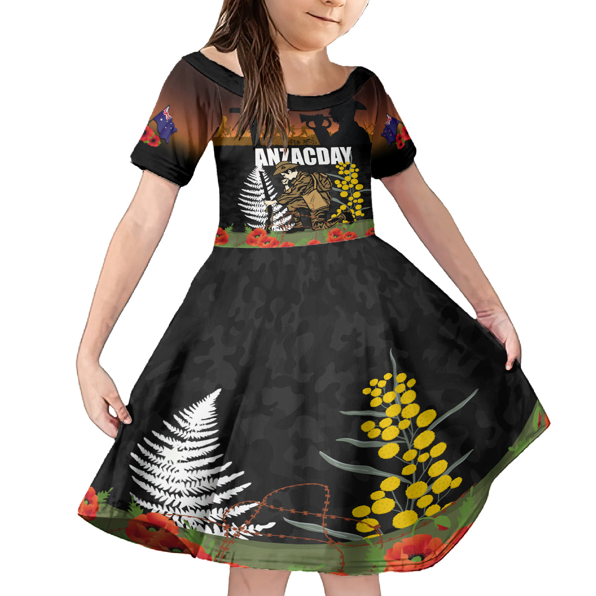 New Zealand and Australia ANZAC Day Kid Short Sleeve Dress Soldier and Last Post Camouflage Pattern LT03 KID Black - Polynesian Pride