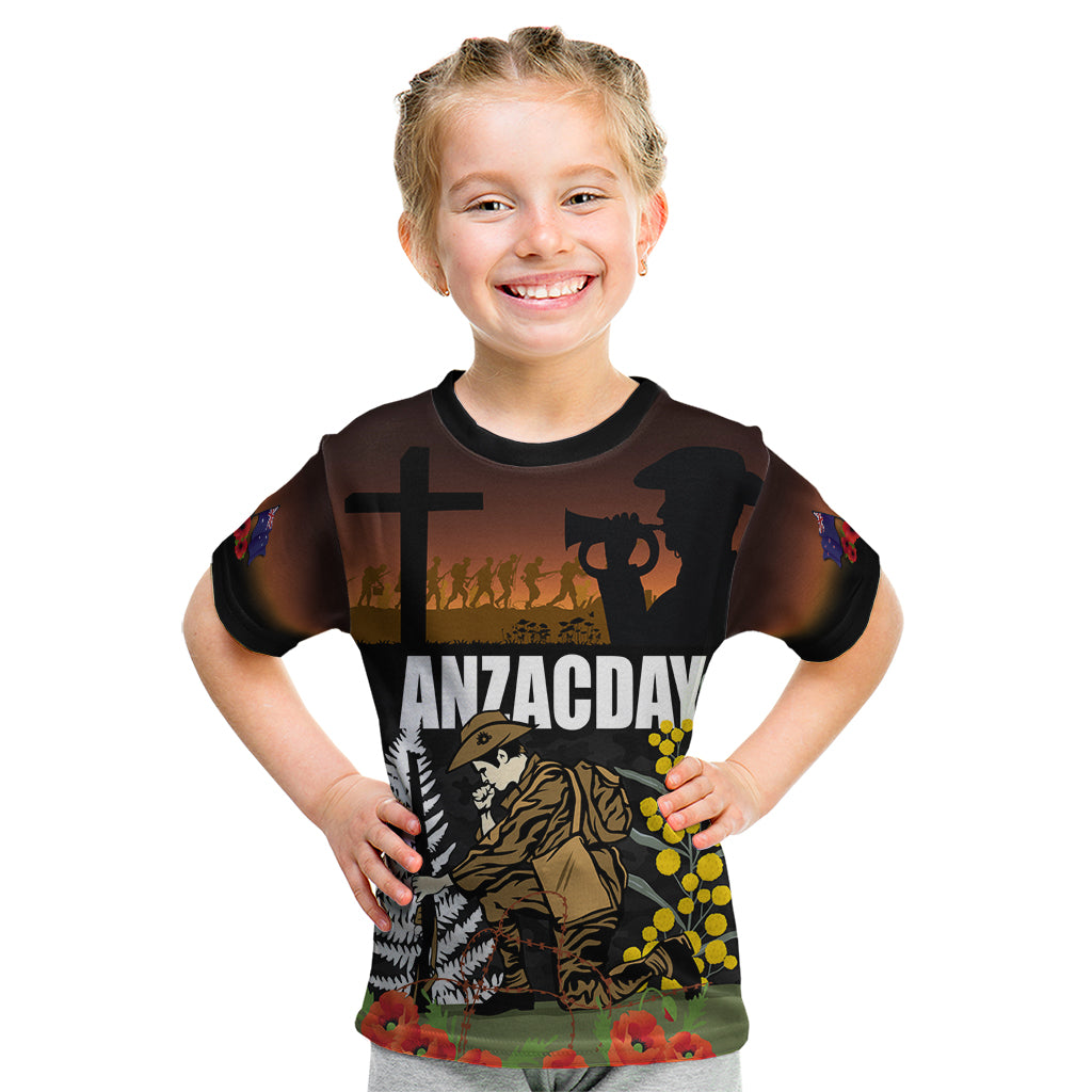 New Zealand and Australia ANZAC Day Kid T Shirt Soldier and Last Post Camouflage Pattern LT03 Black - Polynesian Pride