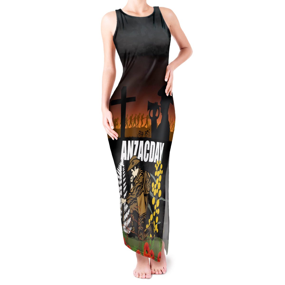 New Zealand and Australia ANZAC Day Tank Maxi Dress Soldier and Last Post Camouflage Pattern LT03 Women Black - Polynesian Pride