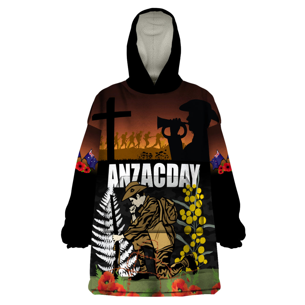 New Zealand and Australia ANZAC Day Wearable Blanket Hoodie Soldier and Last Post Camouflage Pattern LT03 One Size Black - Polynesian Pride