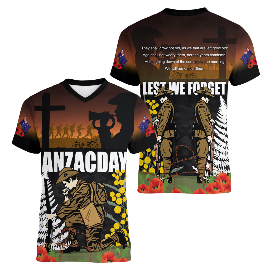 New Zealand and Australia ANZAC Day Women V Neck T Shirt Soldier and Last Post Camouflage Pattern LT03 - Polynesian Pride