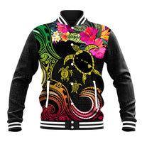 Hawaii Turtle Day Baseball Jacket Polynesian Tattoo and Hibiscus Flowers LT03 Unisex Black - Polynesian Pride