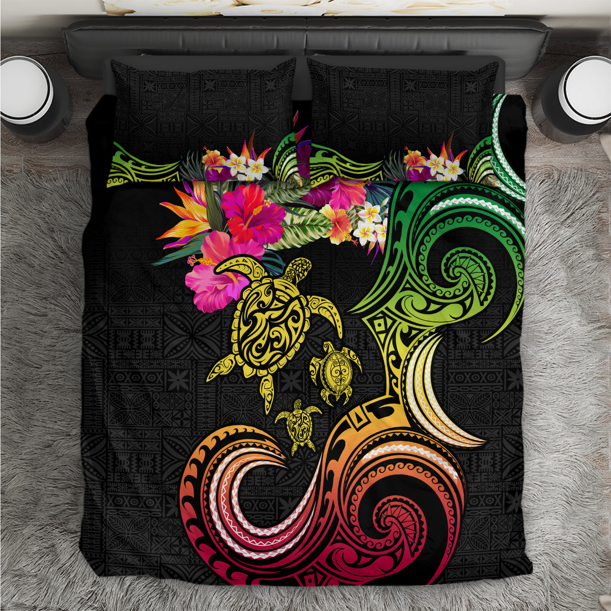 Hawaii Turtle Day Bedding Set Polynesian Tattoo and Hibiscus Flowers