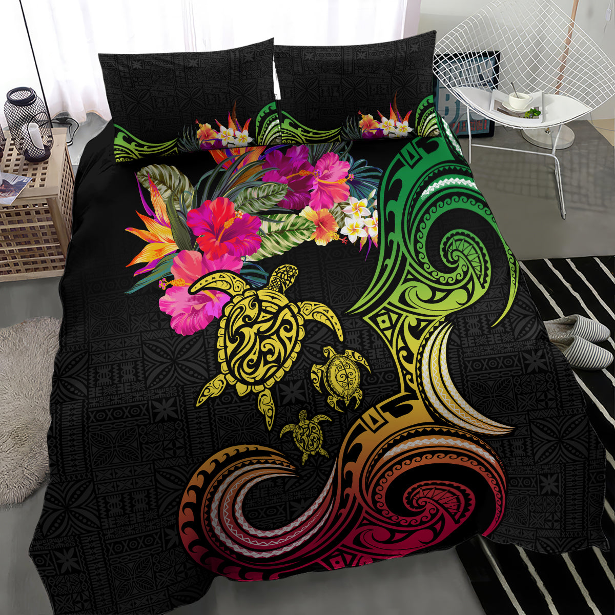 Hawaii Turtle Day Bedding Set Polynesian Tattoo and Hibiscus Flowers LT03 - Polynesian Pride