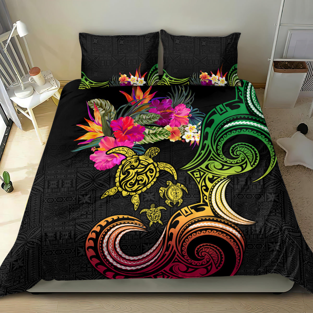 Hawaii Turtle Day Bedding Set Polynesian Tattoo and Hibiscus Flowers LT03 - Polynesian Pride