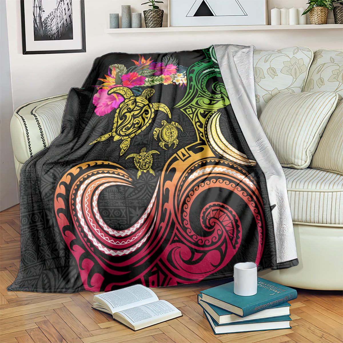 Hawaii Turtle Day Blanket Polynesian Tattoo and Hibiscus Flowers LT03 Black - Polynesian Pride