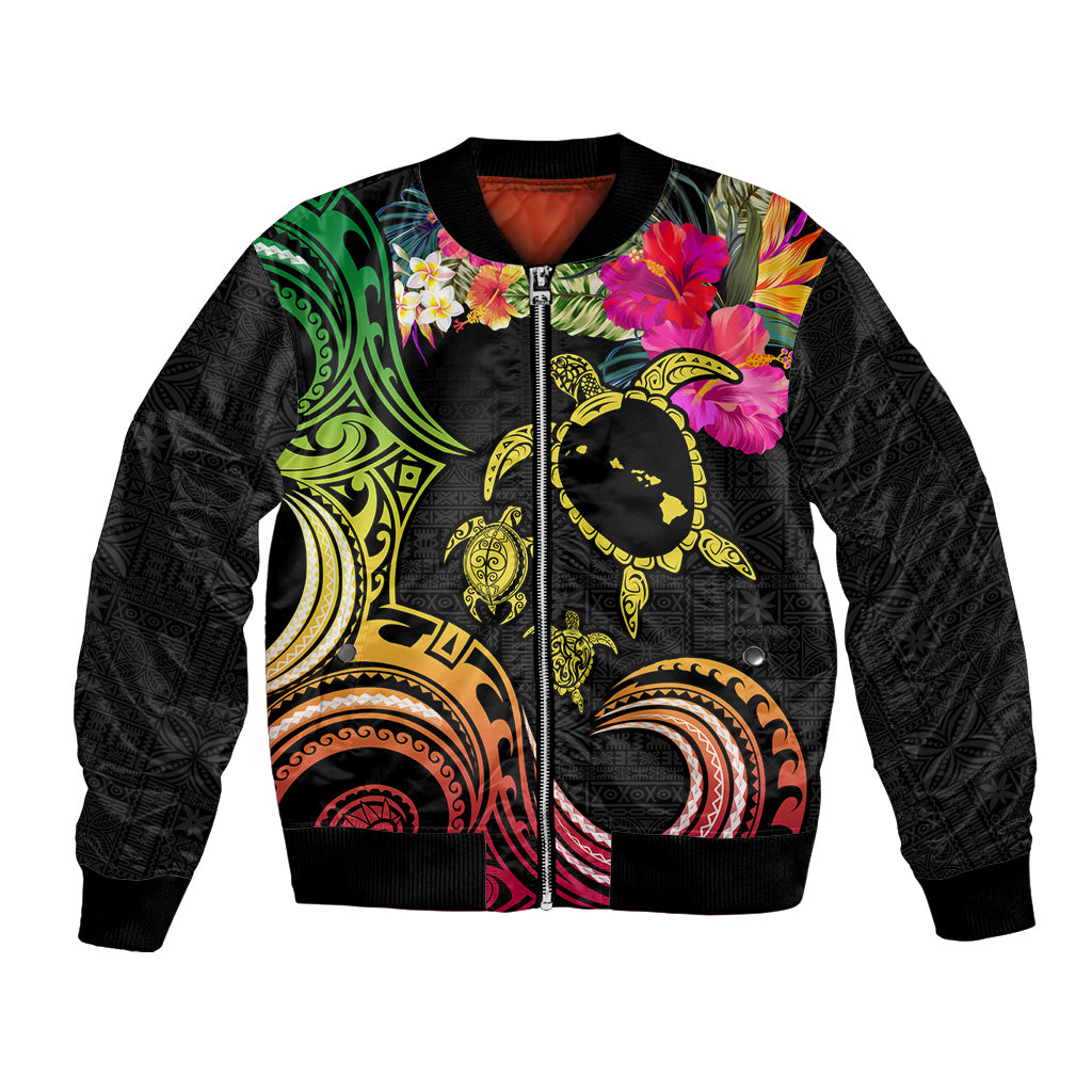 Hawaii Turtle Day Bomber Jacket Polynesian Tattoo and Hibiscus Flowers LT03 Unisex Black - Polynesian Pride