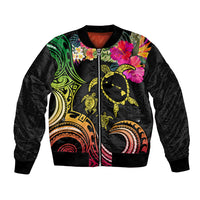 Hawaii Turtle Day Bomber Jacket Polynesian Tattoo and Hibiscus Flowers LT03 Unisex Black - Polynesian Pride