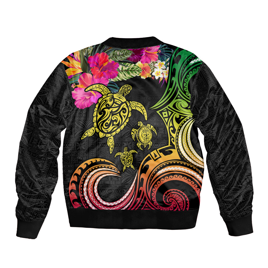 Hawaii Turtle Day Bomber Jacket Polynesian Tattoo and Hibiscus Flowers LT03 - Polynesian Pride