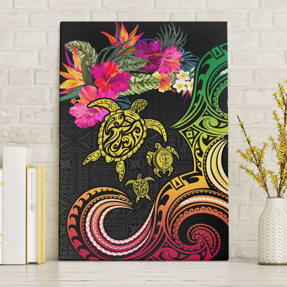 Hawaii Turtle Day Canvas Wall Art Polynesian Tattoo and Hibiscus Flowers LT03 Without Frame Black - Polynesian Pride