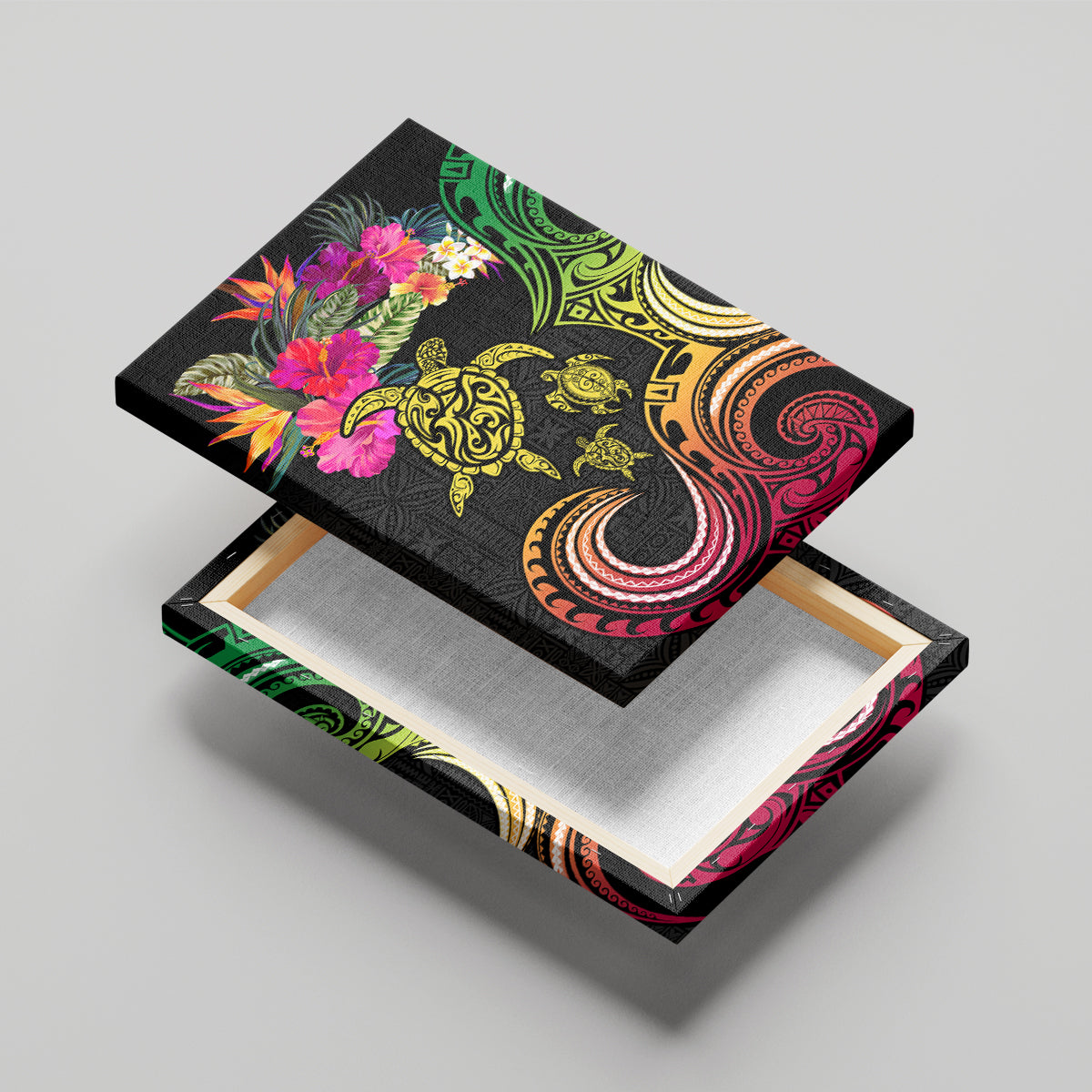 Hawaii Turtle Day Canvas Wall Art Polynesian Tattoo and Hibiscus Flowers LT03 - Polynesian Pride