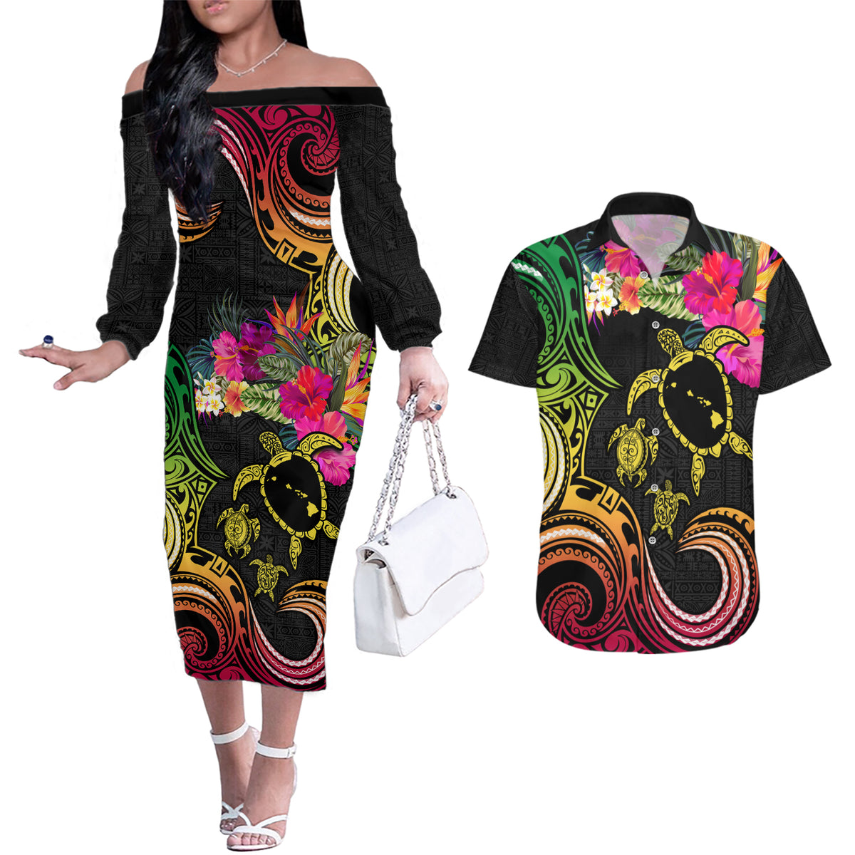 Hawaii Turtle Day Couples Matching Off The Shoulder Long Sleeve Dress and Hawaiian Shirt Polynesian Tattoo and Hibiscus Flowers