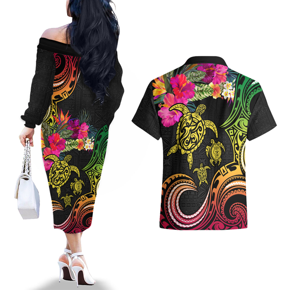 Hawaii Turtle Day Couples Matching Off The Shoulder Long Sleeve Dress and Hawaiian Shirt Polynesian Tattoo and Hibiscus Flowers