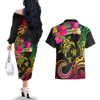 Hawaii Turtle Day Couples Matching Off The Shoulder Long Sleeve Dress and Hawaiian Shirt Polynesian Tattoo and Hibiscus Flowers