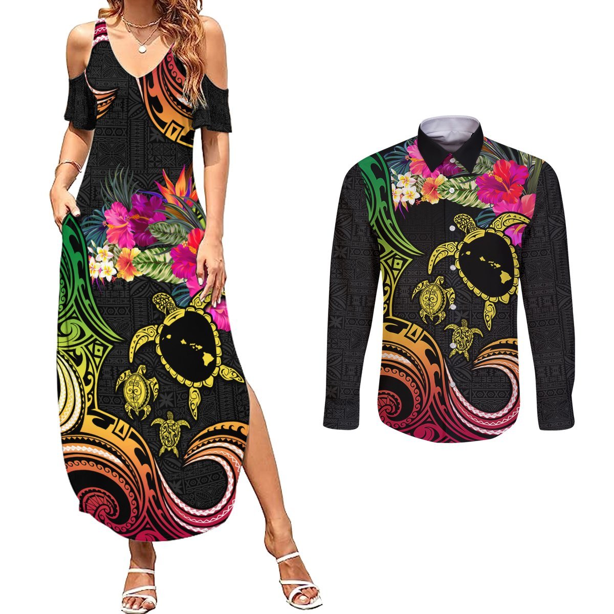 Hawaii Turtle Day Couples Matching Summer Maxi Dress and Long Sleeve Button Shirt Polynesian Tattoo and Hibiscus Flowers LT03 Black - Polynesian Pride
