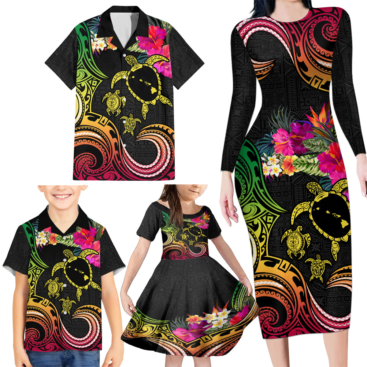 Hawaii Turtle Day Family Matching Long Sleeve Bodycon Dress and Hawaiian Shirt Polynesian Tattoo and Hibiscus Flowers