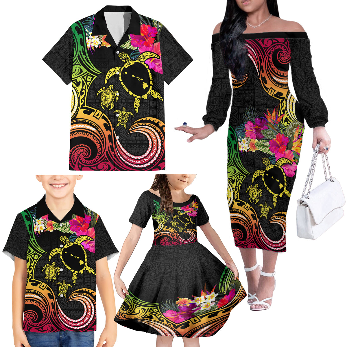 Hawaii Turtle Day Family Matching Off The Shoulder Long Sleeve Dress and Hawaiian Shirt Polynesian Tattoo and Hibiscus Flowers