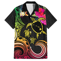 Hawaii Turtle Day Family Matching Off The Shoulder Long Sleeve Dress and Hawaiian Shirt Polynesian Tattoo and Hibiscus Flowers LT03 Dad's Shirt - Short Sleeve Black - Polynesian Pride