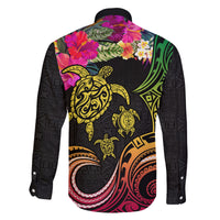 Hawaii Turtle Day Family Matching Off The Shoulder Long Sleeve Dress and Hawaiian Shirt Polynesian Tattoo and Hibiscus Flowers LT03 - Polynesian Pride