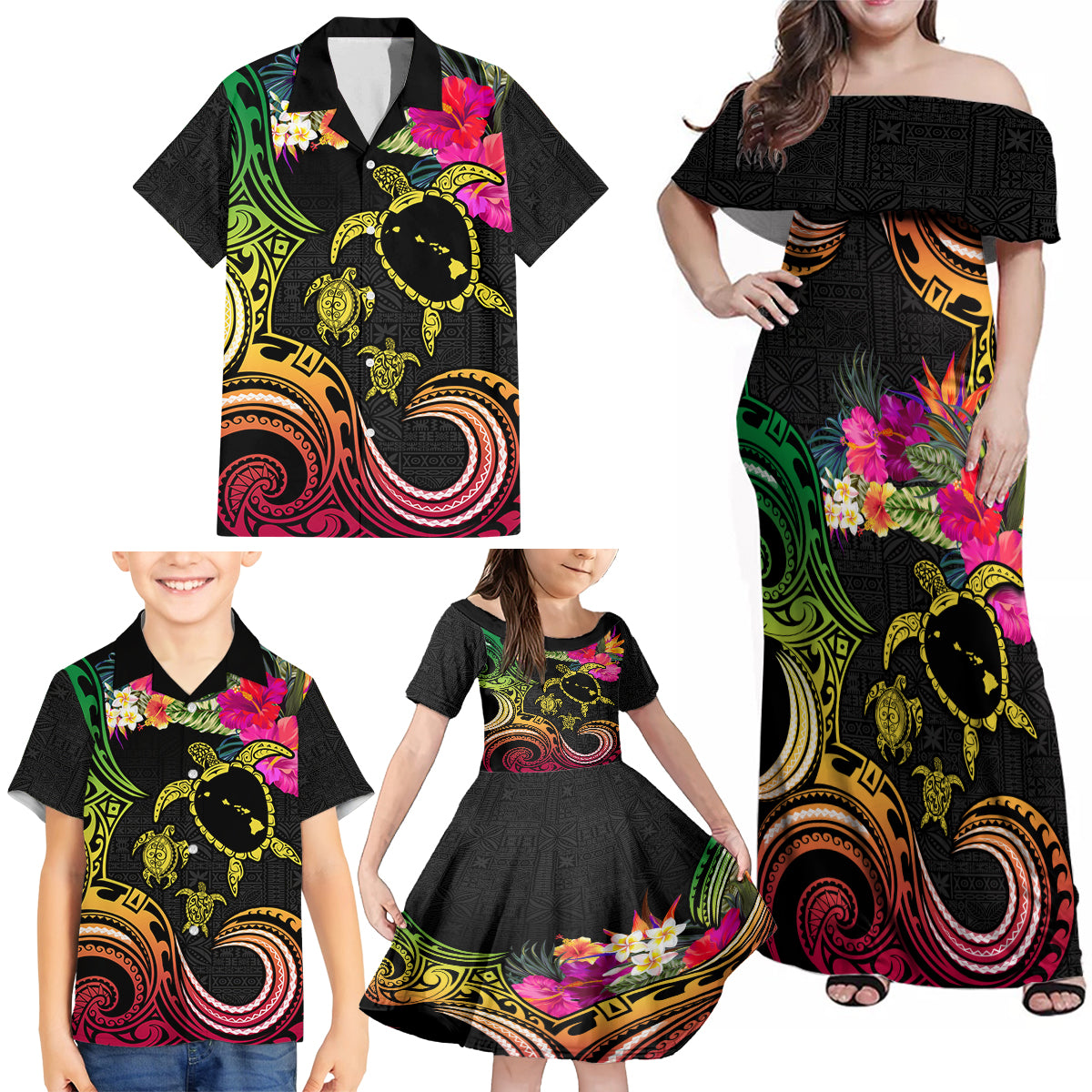 Hawaii Turtle Day Family Matching Off Shoulder Maxi Dress and Hawaiian Shirt Polynesian Tattoo and Hibiscus Flowers