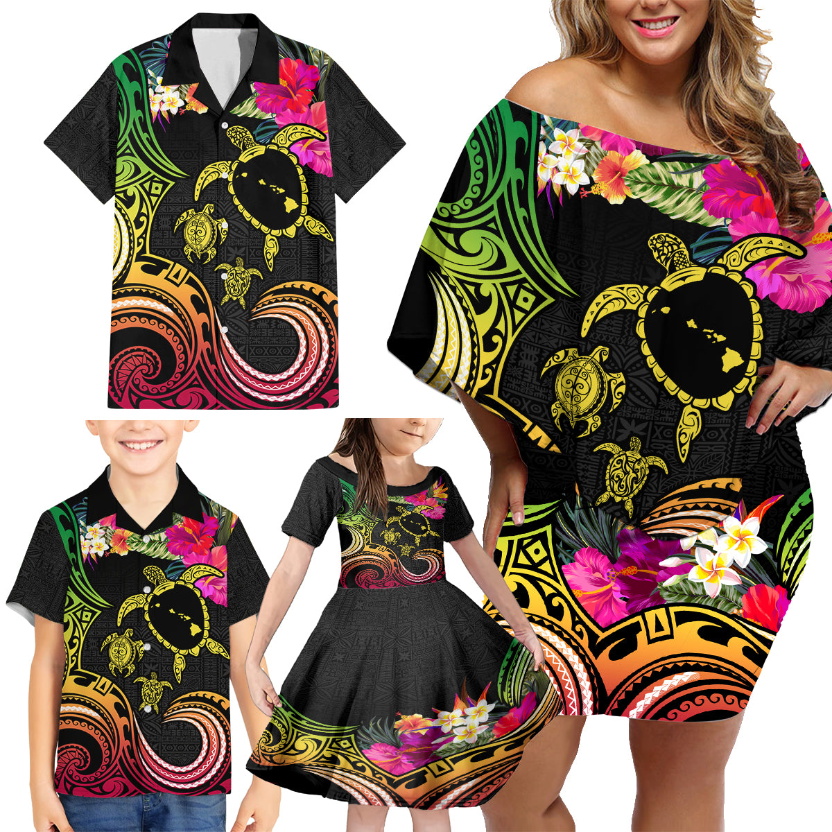 Hawaii Turtle Day Family Matching Off Shoulder Short Dress and Hawaiian Shirt Polynesian Tattoo and Hibiscus Flowers