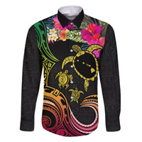 Hawaii Turtle Day Family Matching Off Shoulder Short Dress and Hawaiian Shirt Polynesian Tattoo and Hibiscus Flowers