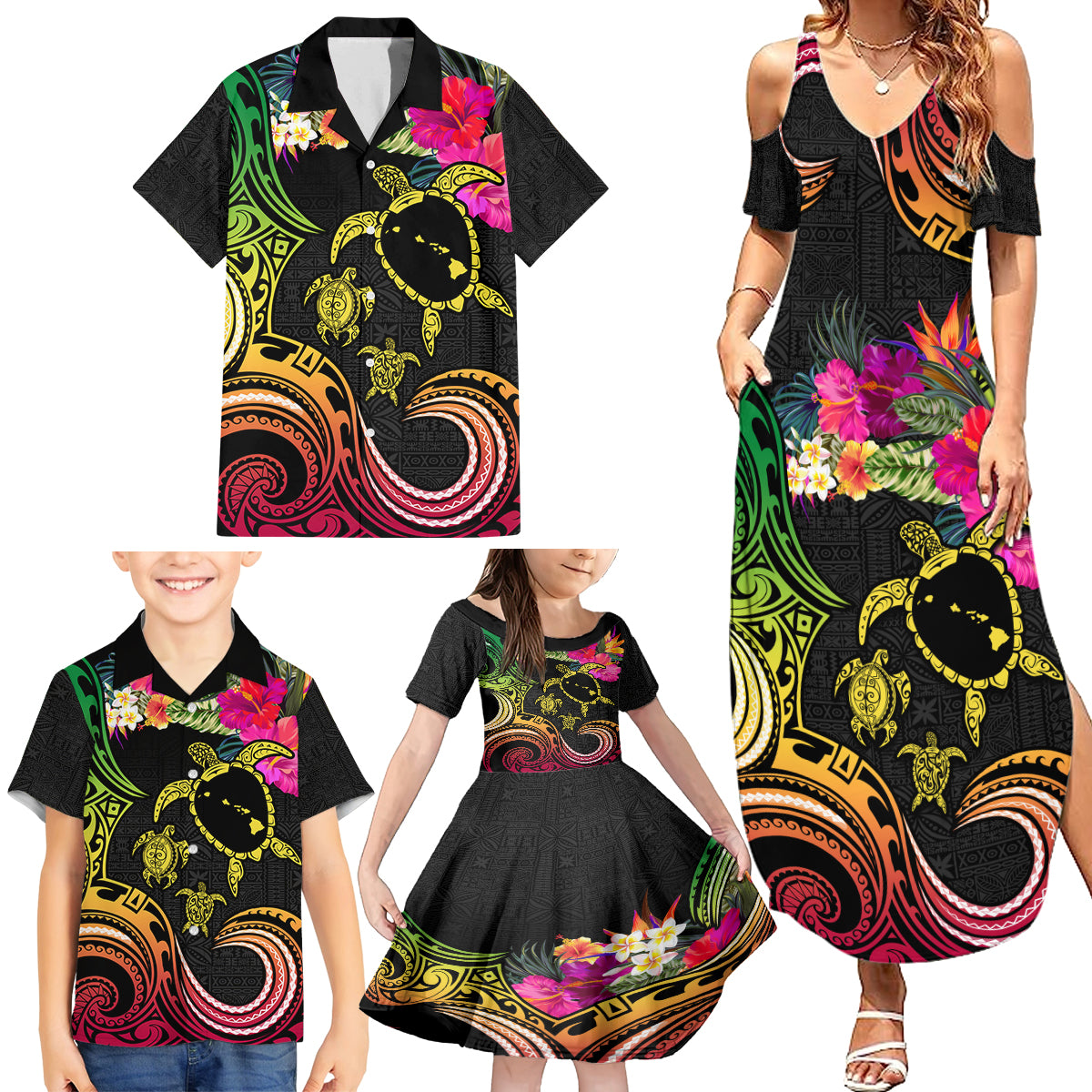 Hawaii Turtle Day Family Matching Summer Maxi Dress and Hawaiian Shirt Polynesian Tattoo and Hibiscus Flowers