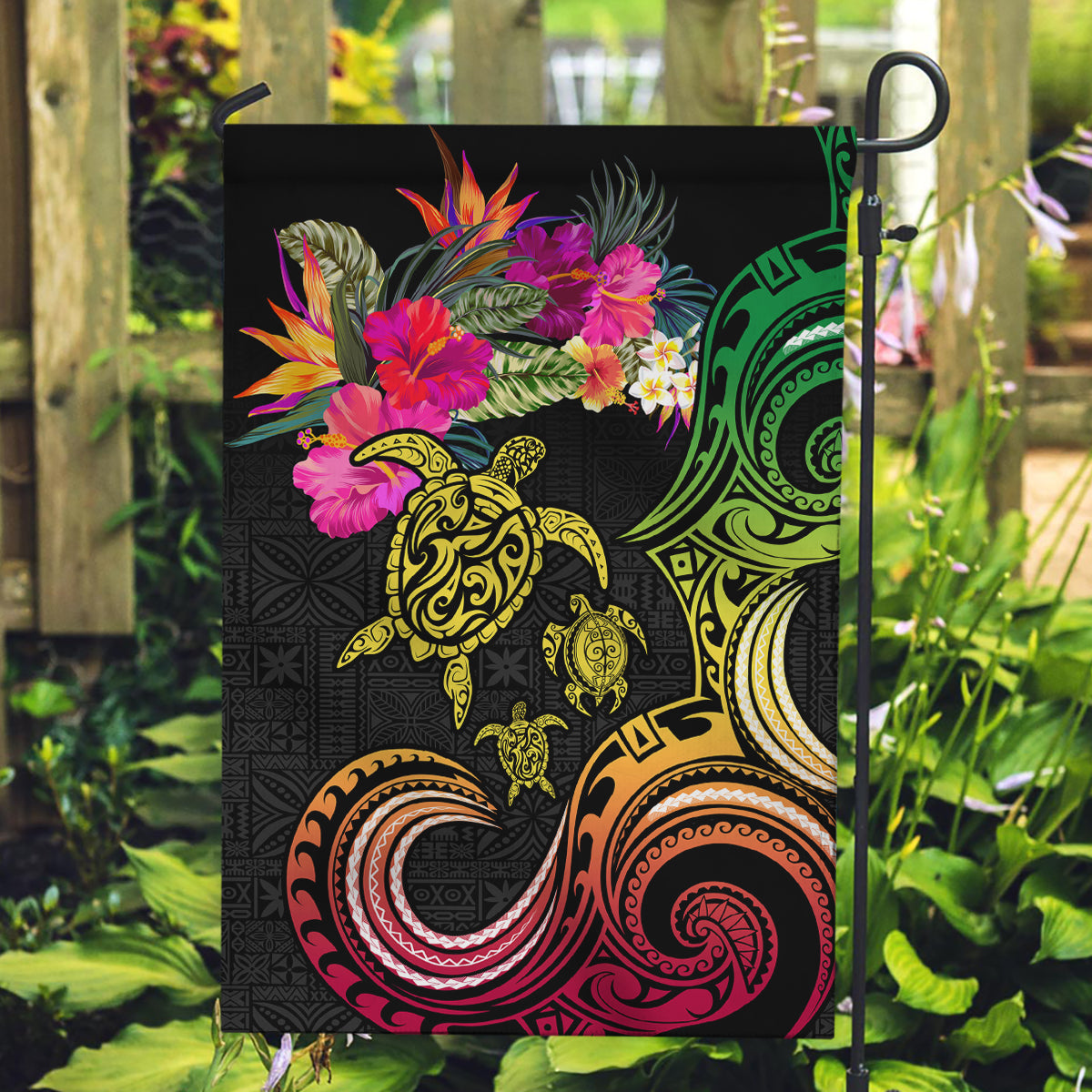 Hawaii Turtle Day Garden Flag Polynesian Tattoo and Hibiscus Flowers