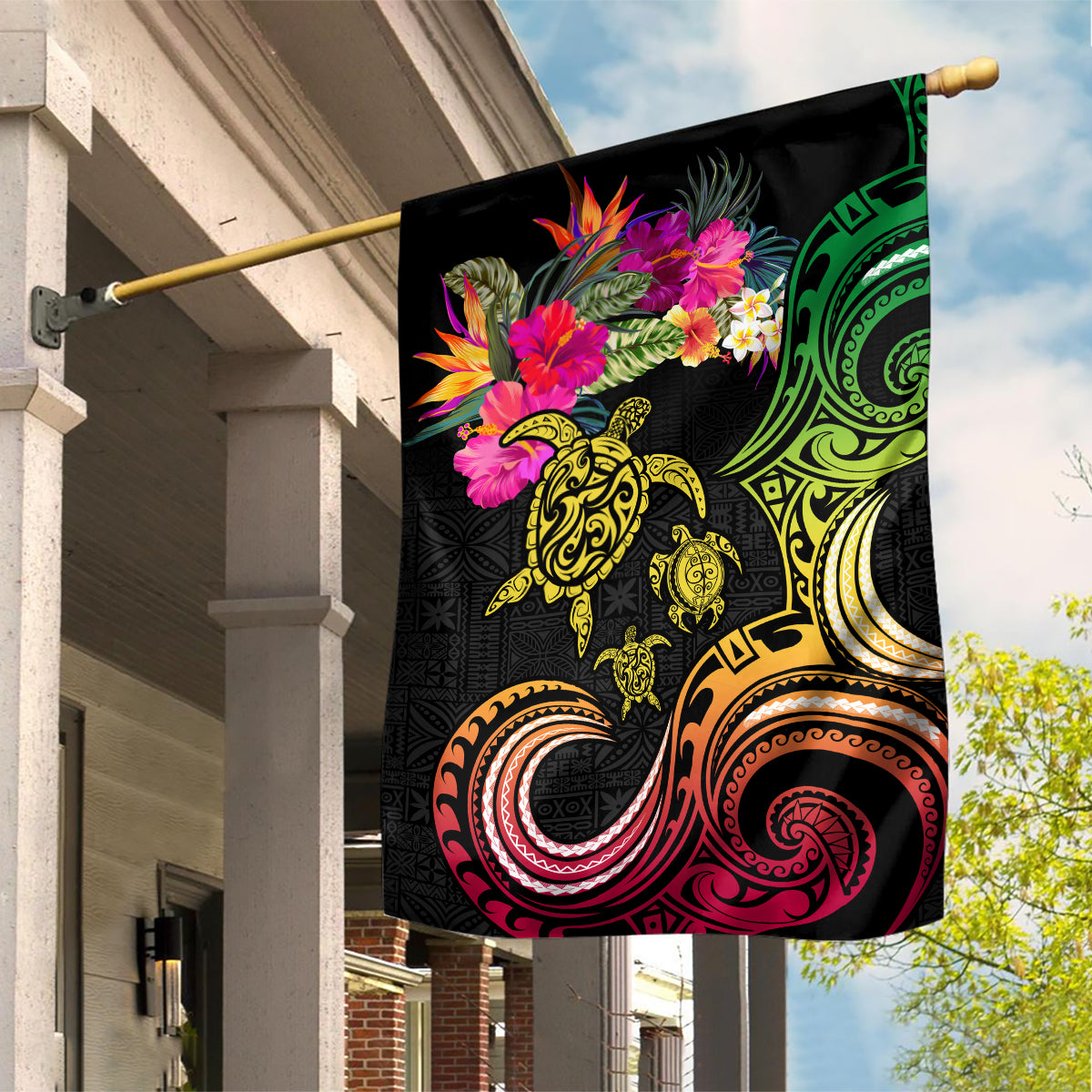 Hawaii Turtle Day Garden Flag Polynesian Tattoo and Hibiscus Flowers LT03 House Flag Black - Polynesian Pride
