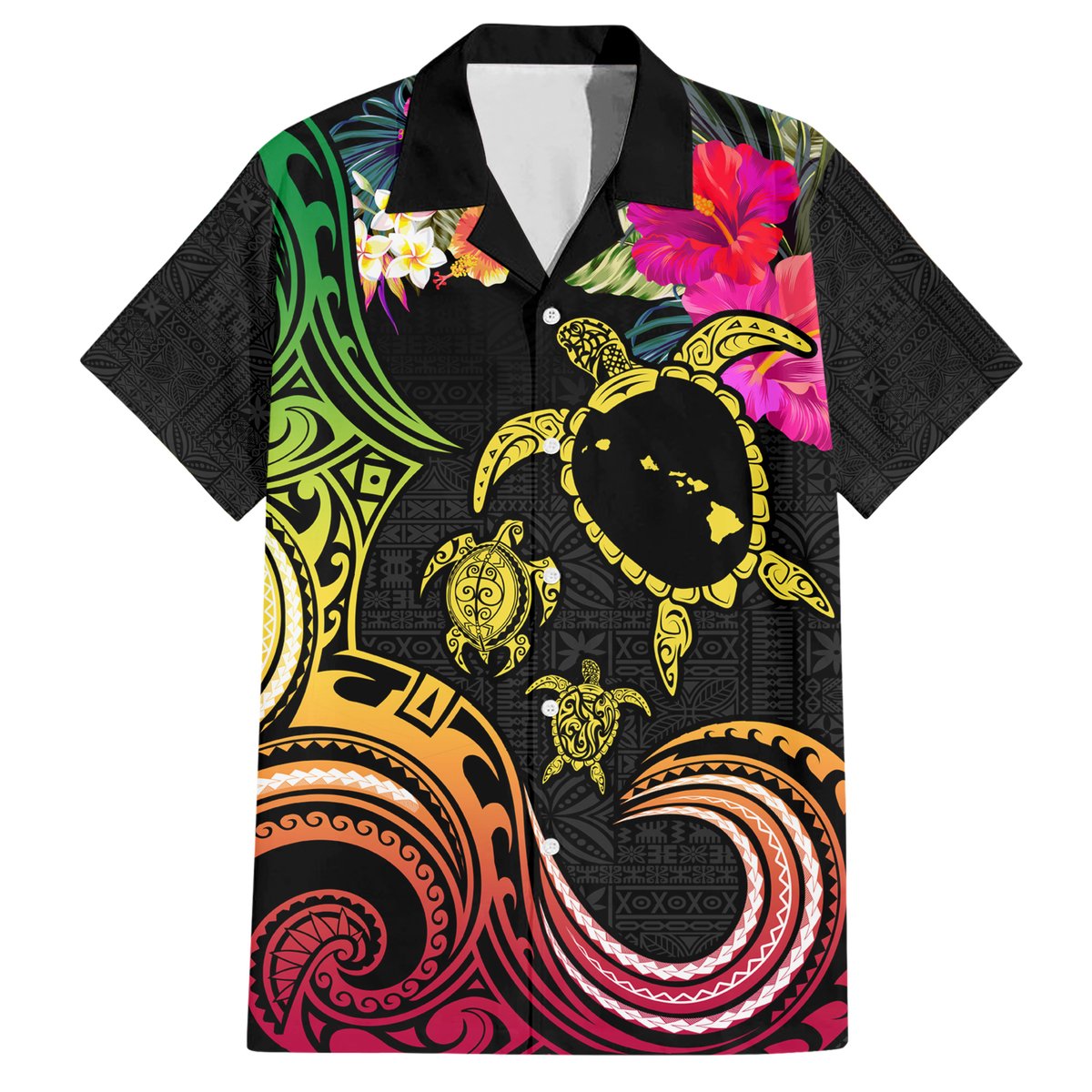 Hawaii Turtle Day Hawaiian Shirt Polynesian Tattoo and Hibiscus Flowers LT03 Black - Polynesian Pride