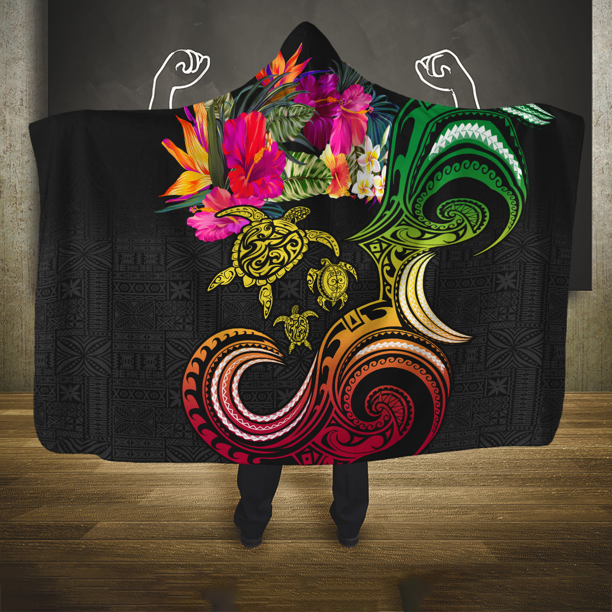 Hawaii Turtle Day Hooded Blanket Polynesian Tattoo and Hibiscus Flowers LT03 One Size Black - Polynesian Pride
