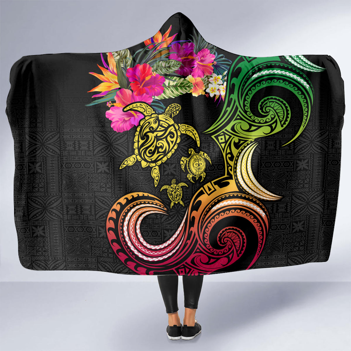 Hawaii Turtle Day Hooded Blanket Polynesian Tattoo and Hibiscus Flowers LT03 - Polynesian Pride