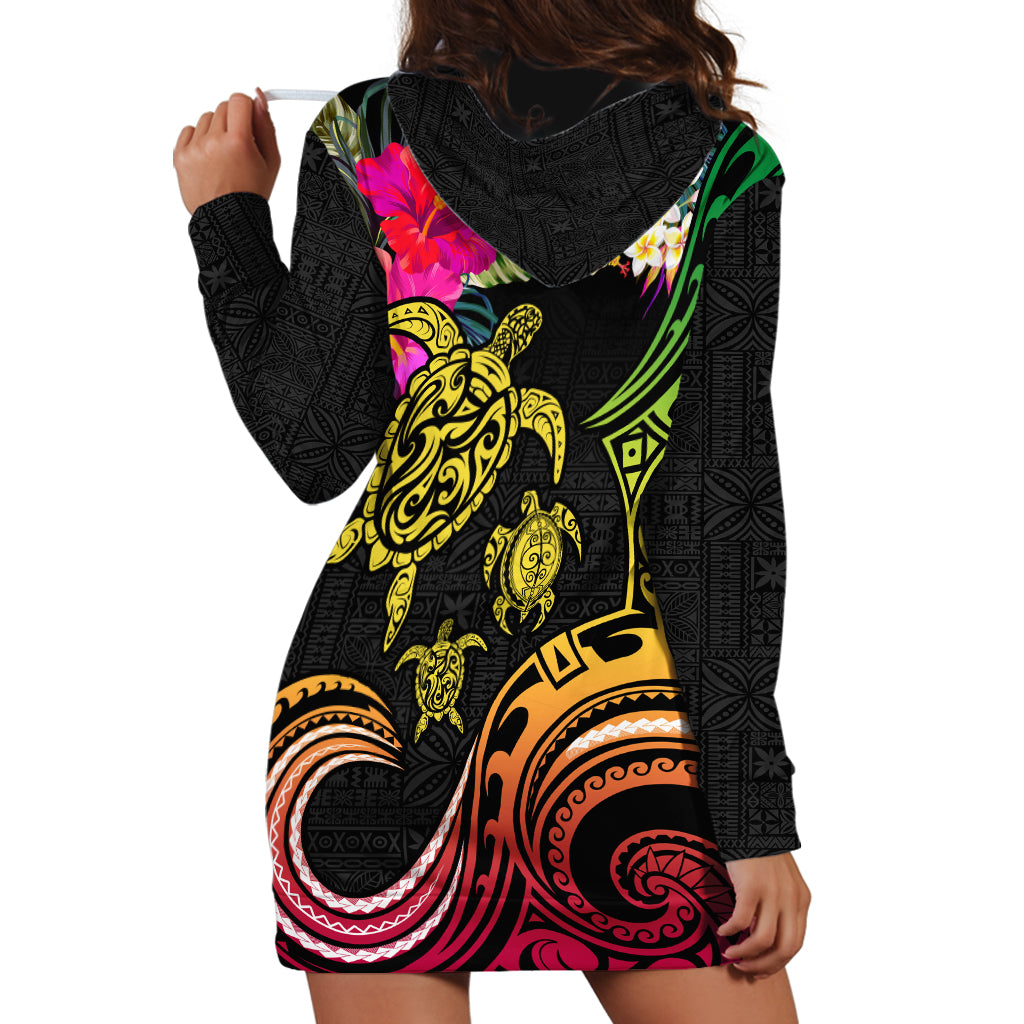 Hawaii Turtle Day Hoodie Dress Polynesian Tattoo and Hibiscus Flowers LT03 - Polynesian Pride
