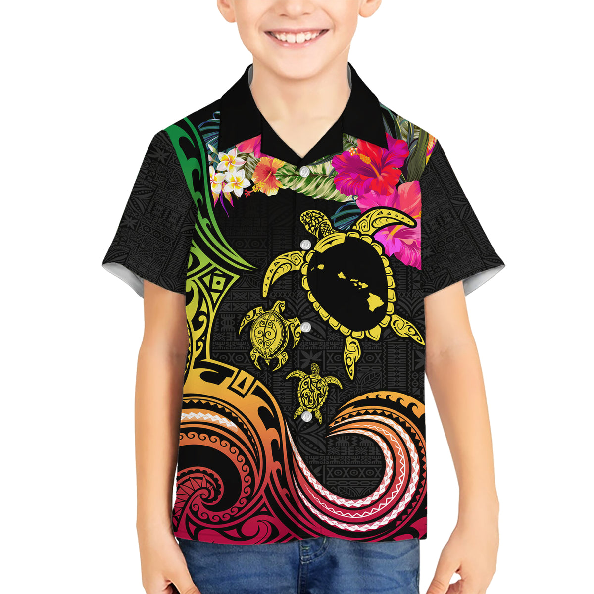 Hawaii Turtle Day Kid Hawaiian Shirt Polynesian Tattoo and Hibiscus Flowers
