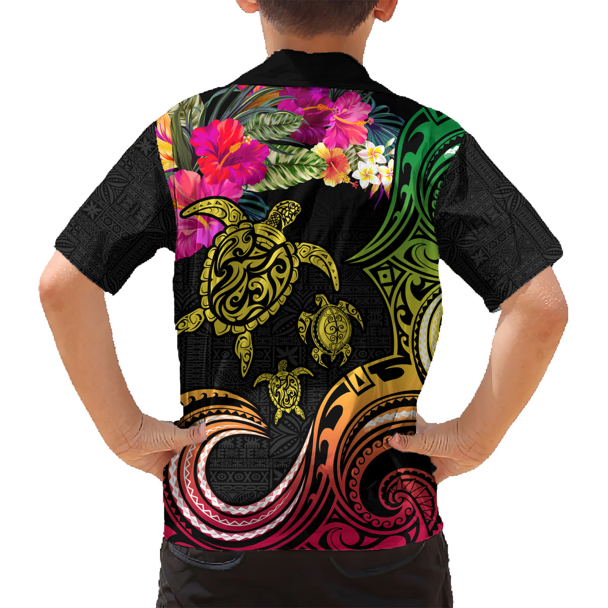 Hawaii Turtle Day Kid Hawaiian Shirt Polynesian Tattoo and Hibiscus Flowers