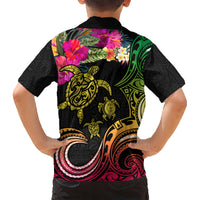 Hawaii Turtle Day Kid Hawaiian Shirt Polynesian Tattoo and Hibiscus Flowers