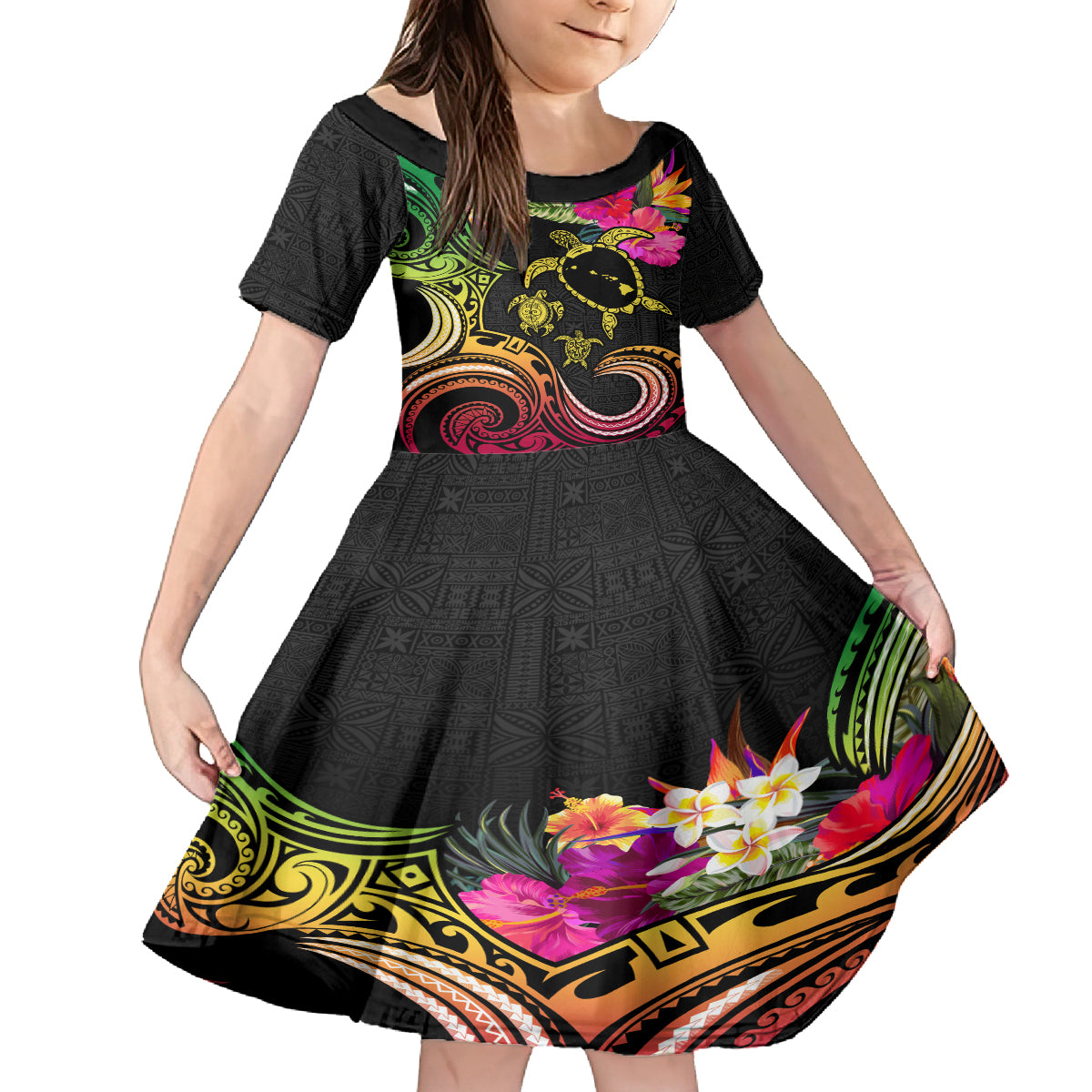 Hawaii Turtle Day Kid Short Sleeve Dress Polynesian Tattoo and Hibiscus Flowers LT03 KID Black - Polynesian Pride