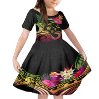 Hawaii Turtle Day Kid Short Sleeve Dress Polynesian Tattoo and Hibiscus Flowers LT03 KID Black - Polynesian Pride