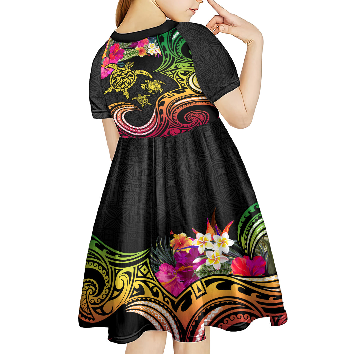 Hawaii Turtle Day Kid Short Sleeve Dress Polynesian Tattoo and Hibiscus Flowers LT03 - Polynesian Pride