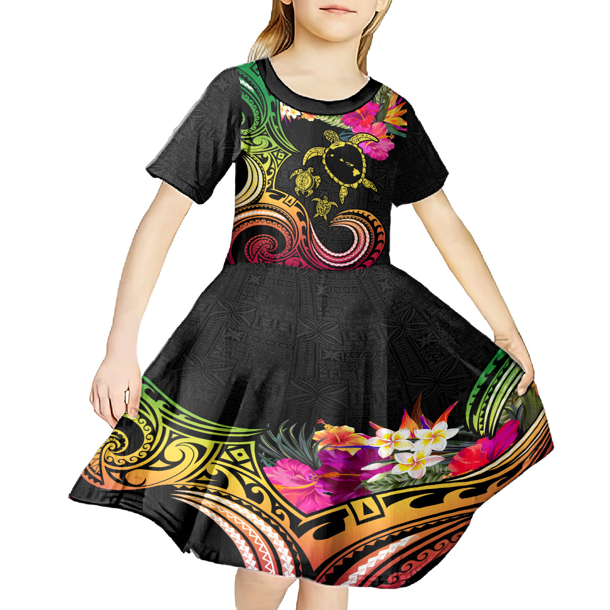 Hawaii Turtle Day Kid Short Sleeve Dress Polynesian Tattoo and Hibiscus Flowers LT03 - Polynesian Pride