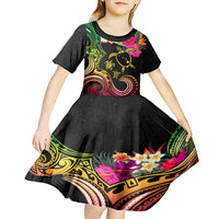 Hawaii Turtle Day Kid Short Sleeve Dress Polynesian Tattoo and Hibiscus Flowers LT03 - Polynesian Pride