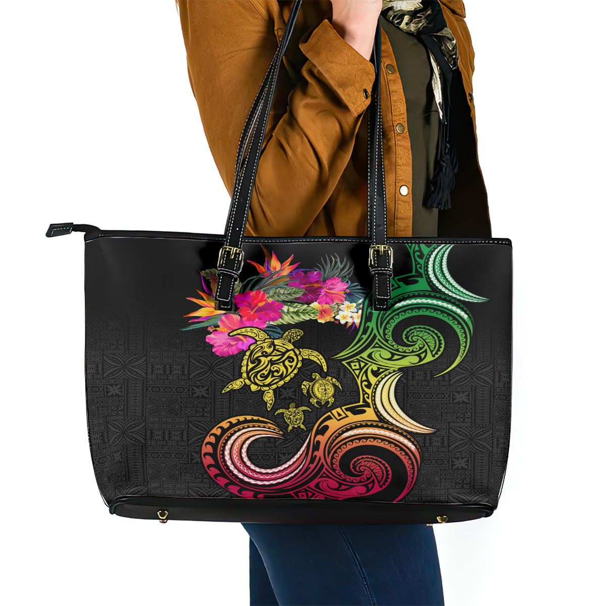 Hawaii Turtle Day Leather Tote Bag Polynesian Tattoo and Hibiscus Flowers LT03 - Polynesian Pride