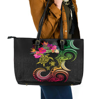 Hawaii Turtle Day Leather Tote Bag Polynesian Tattoo and Hibiscus Flowers LT03 - Polynesian Pride